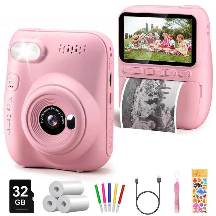 Instant Print Kids Camera – 32MP HD, 3.0" Screen, with 3 Rolls Printer Paper