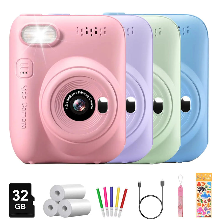 Instant Print Kids Camera – 32MP HD, 3.0" Screen, with 3 Rolls Printer Paper