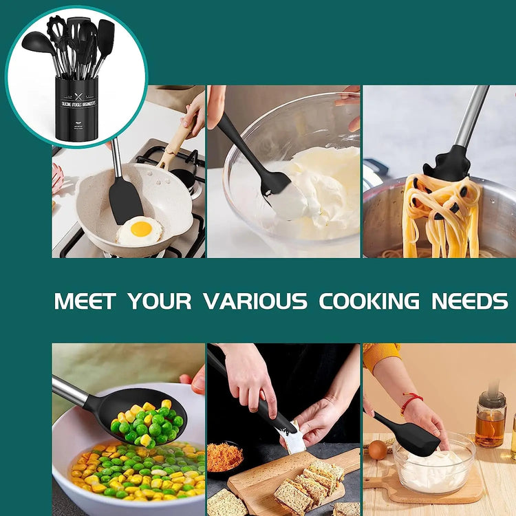 Silicone Cooking Utensil Set, 15Pcs Silicone Cooking Kitchen Utensils Set, Non-Stick - Best Kitchen Cookware with Stainless Steel Handle - Black