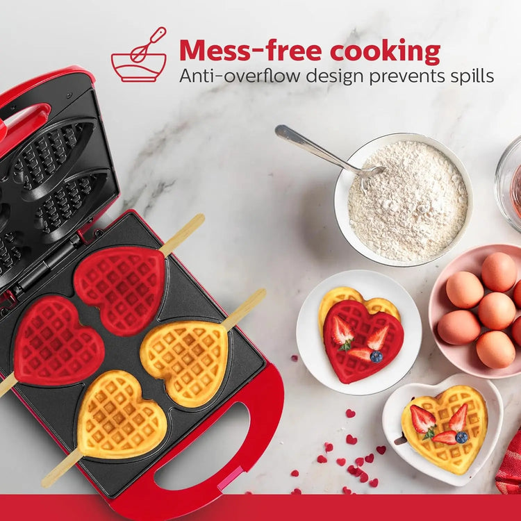 - Non-Stick Heart Waffle Maker, Red - Makes 4 Heart-Shaped Waffles in Minutes