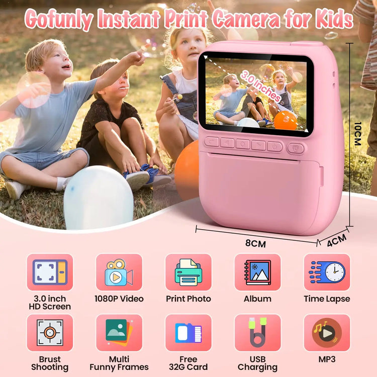 Instant Print Kids Camera – 32MP HD, 3.0" Screen, with 3 Rolls Printer Paper