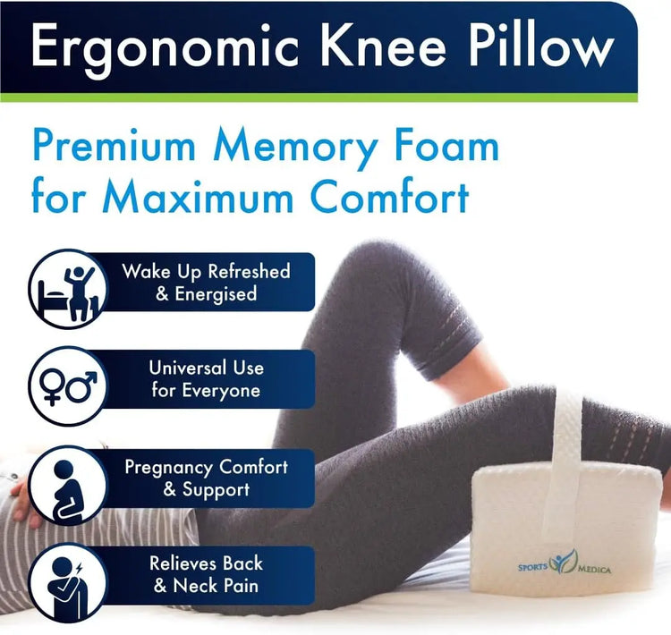Sports Medica Knee Pillow - Washable Cover Memory Foam Leg Pillow for Sleeping on Side - Doctor Developed eHandbook - Sleeping on Back - Hip Support and Alignment, Pain Relief - Side Sleeper cushion