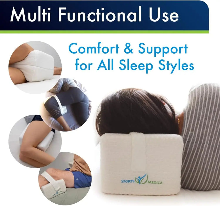Sports Medica Knee Pillow - Washable Cover Memory Foam Leg Pillow for Sleeping on Side - Doctor Developed eHandbook - Sleeping on Back - Hip Support and Alignment, Pain Relief - Side Sleeper cushion