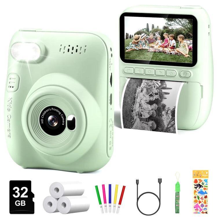 Instant Print Kids Camera – 32MP HD, 3.0" Screen, with 3 Rolls Printer Paper