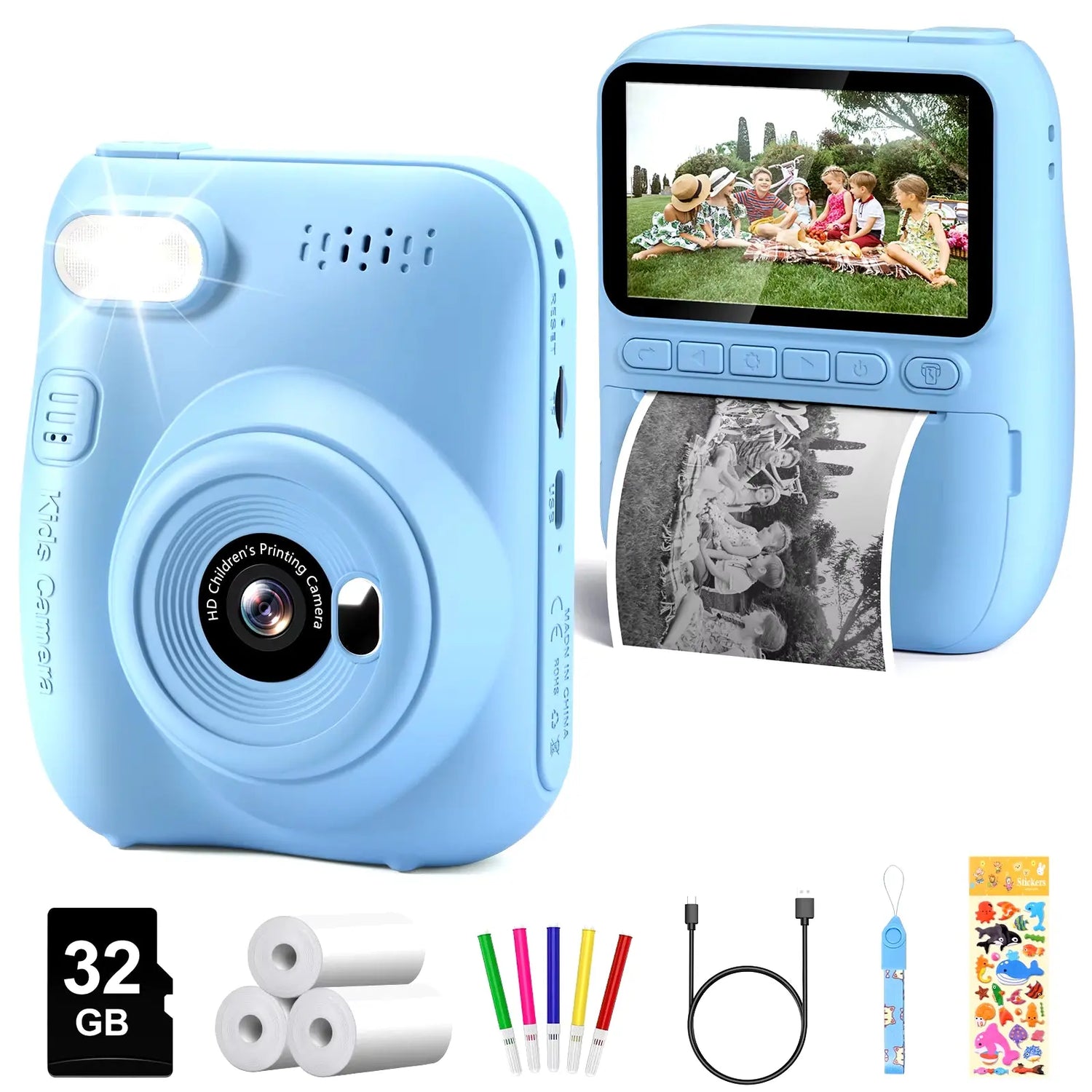 Instant Print Kids Camera – 32MP HD, 3.0" Screen, with 3 Rolls Printer Paper