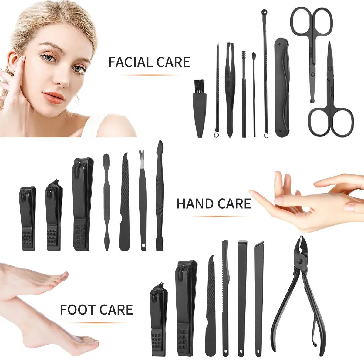 7/15/20-Piece Manicure & Pedicure Set – Stainless Steel Nail Clippers, Scissors & Grooming Tools with Black Leather Travel Case