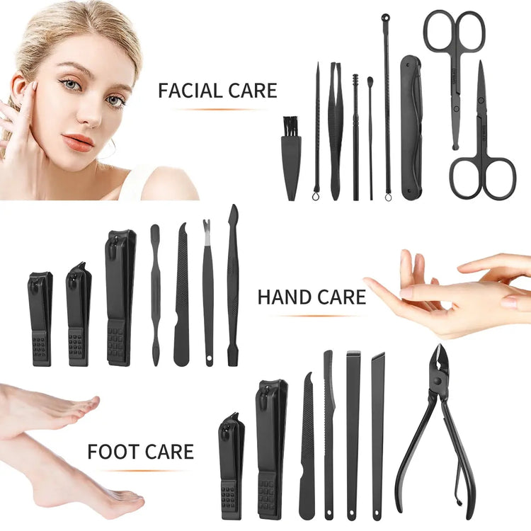 7/15/20-Piece Manicure & Pedicure Set – Stainless Steel Nail Clippers, Scissors & Grooming Tools with Black Leather Travel Case