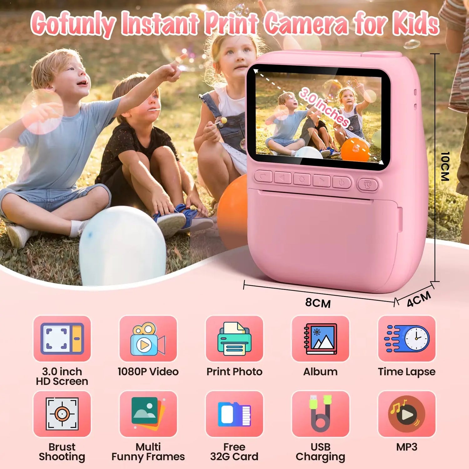 Instant Print Kids Camera – 32MP HD, 3.0" Screen, with 3 Rolls Printer Paper