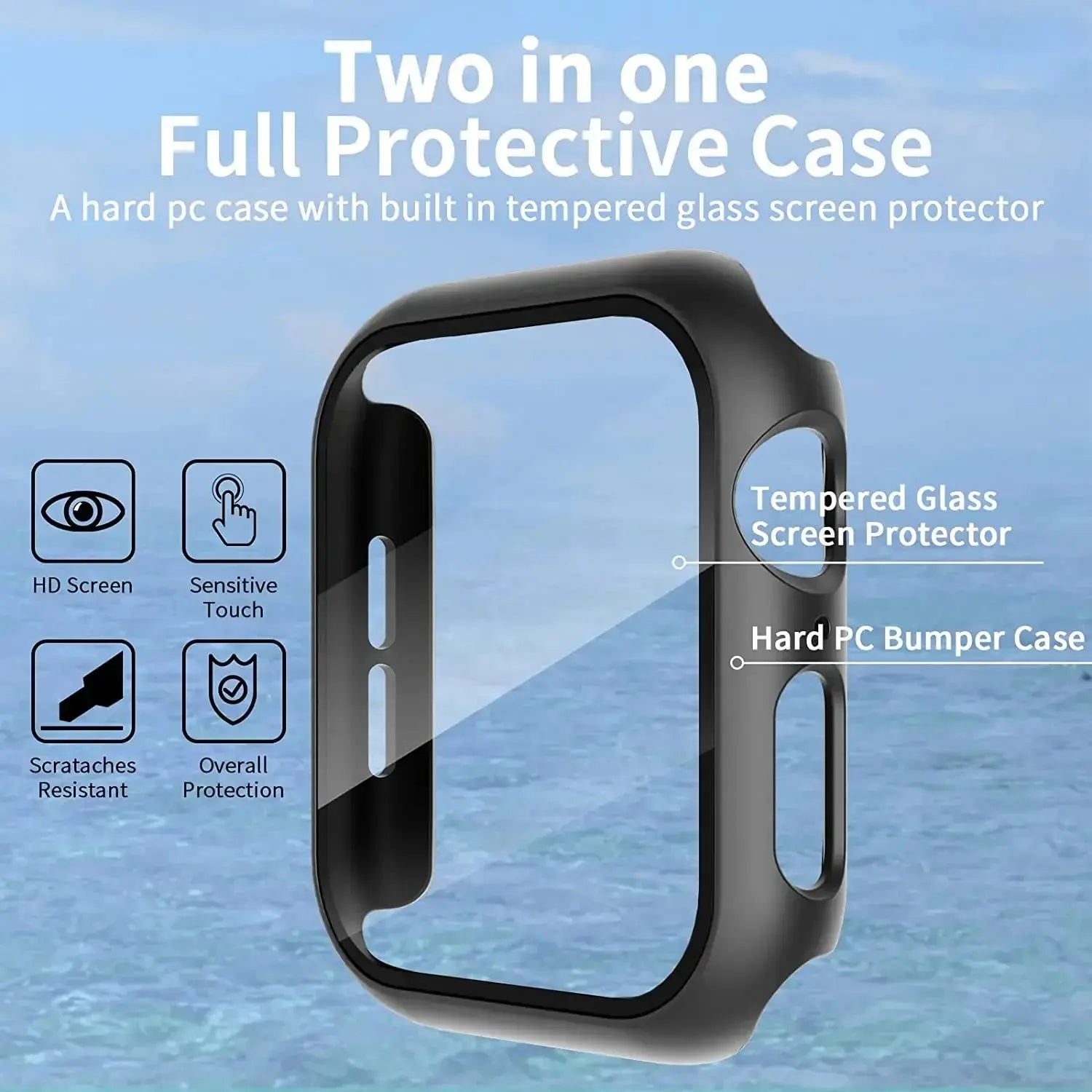 Apple Watch Tempered Glass + Bumper Case – Full Coverage Screen Protector for Series 9/8/7/SE/6/5/4 (45/44/41/40mm)