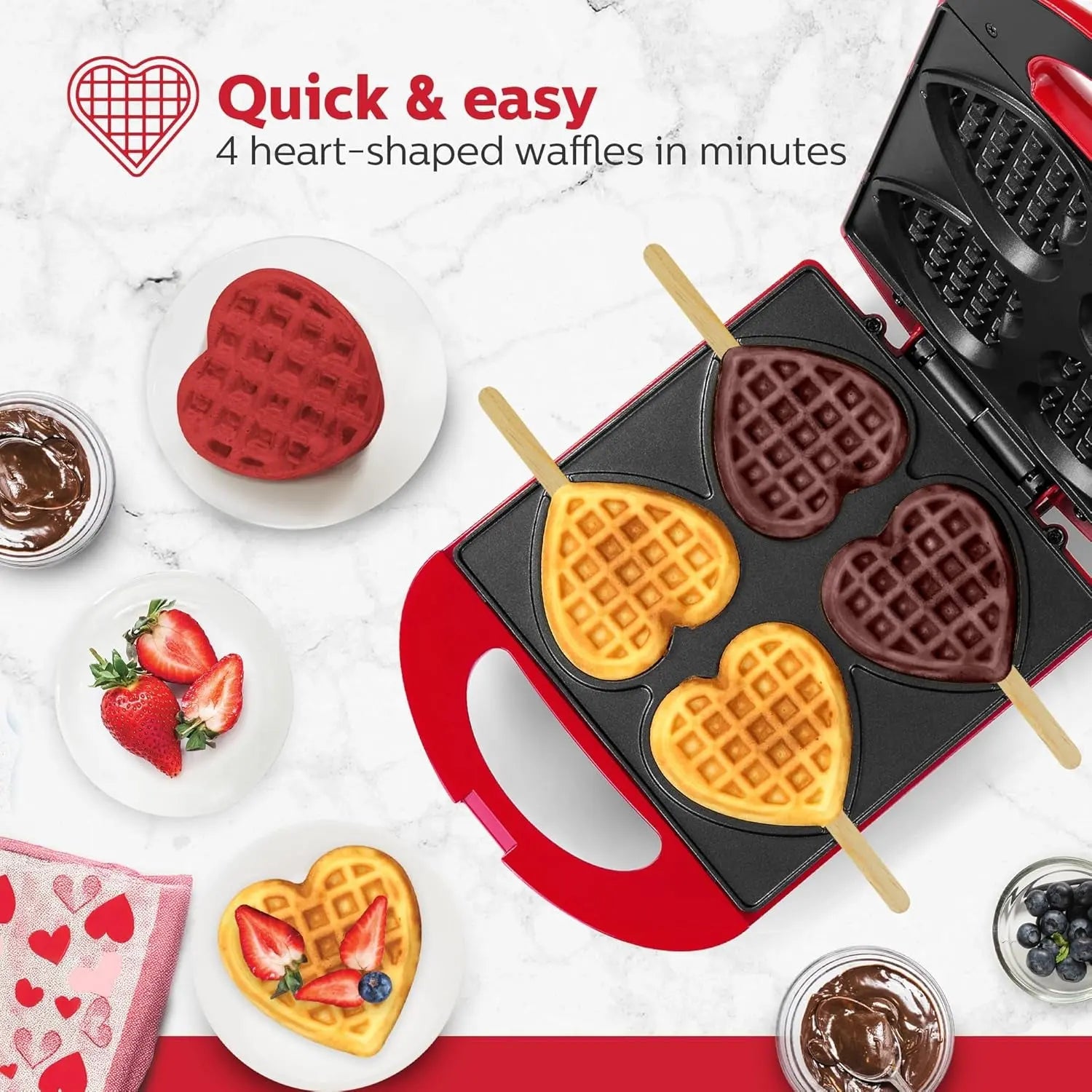 - Non-Stick Heart Waffle Maker, Red - Makes 4 Heart-Shaped Waffles in Minutes