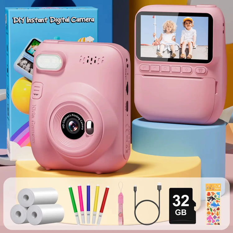 Instant Print Kids Camera – 32MP HD, 3.0" Screen, with 3 Rolls Printer Paper