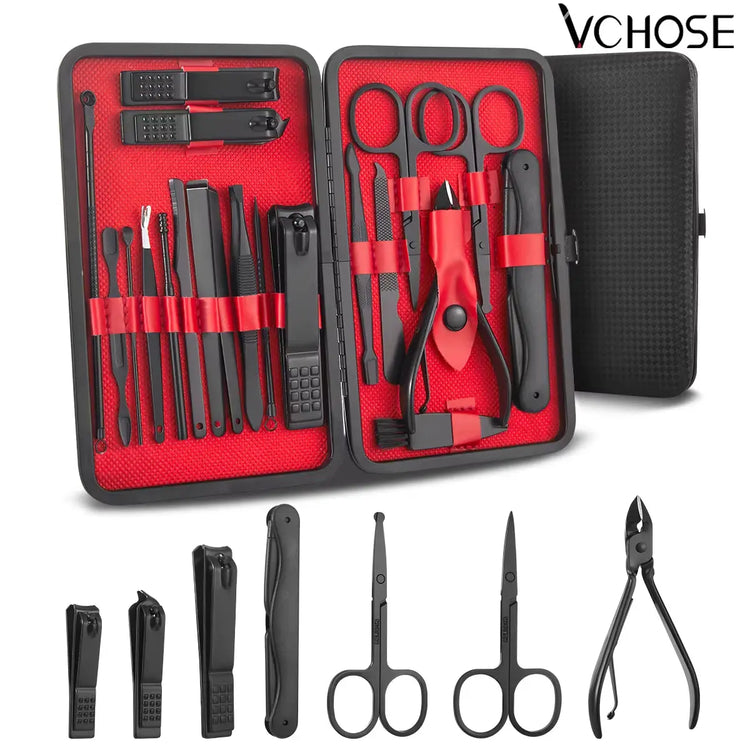 7/15/20-Piece Manicure & Pedicure Set – Stainless Steel Nail Clippers, Scissors & Grooming Tools with Black Leather Travel Case