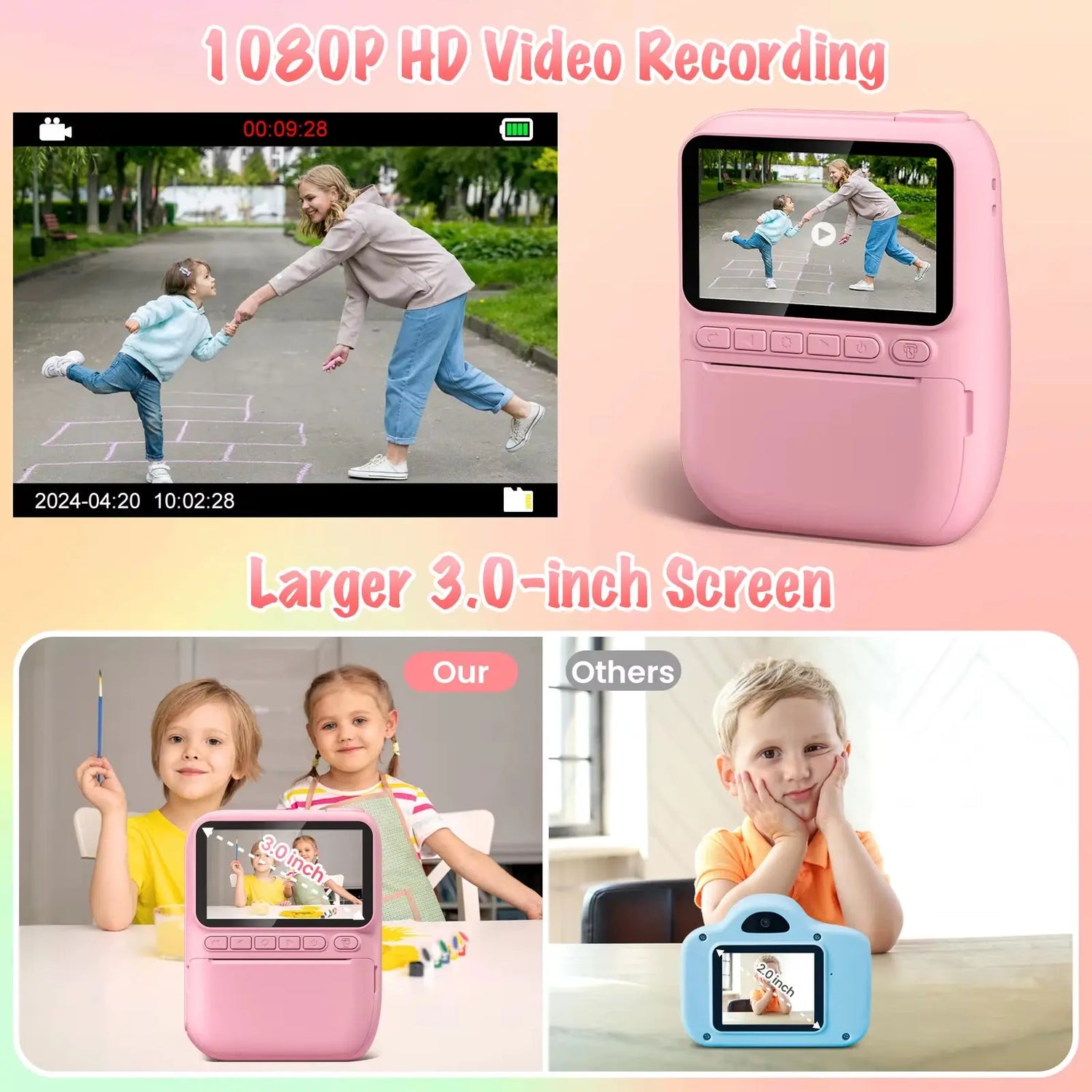 Instant Print Kids Camera – 32MP HD, 3.0" Screen, with 3 Rolls Printer Paper