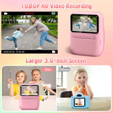Instant Print Kids Camera – 32MP HD, 3.0" Screen, with 3 Rolls Printer Paper