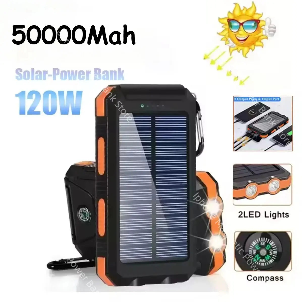 50,000 mAh Solar Power Bank - Compatible with Xiaomi, iPhone, Samsung